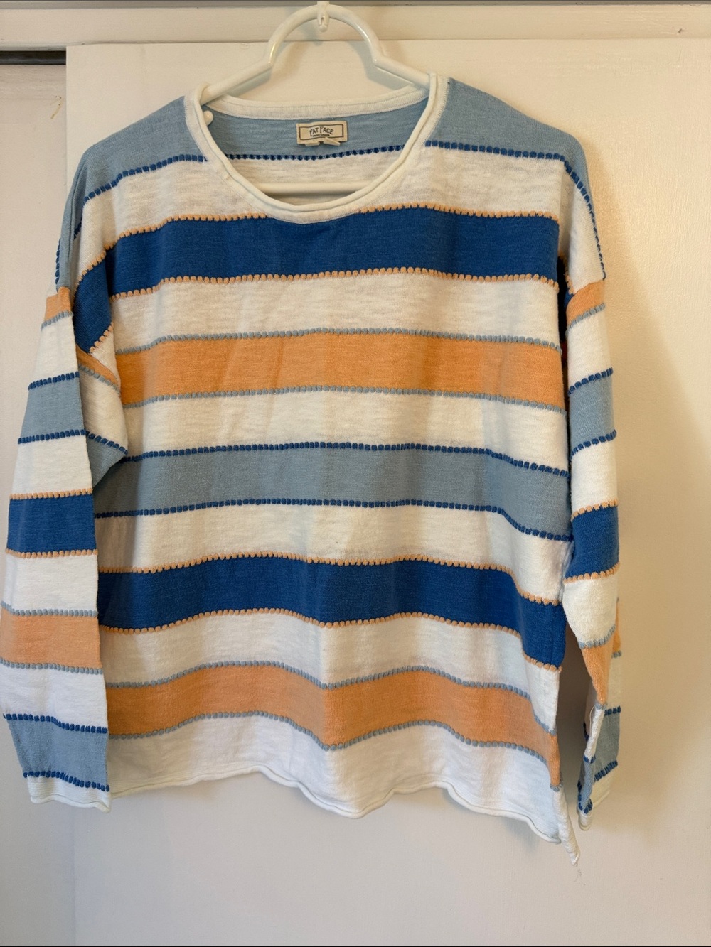 Fat Face Striped Crewneck Sweater in Blue, White & Tan cotton knit